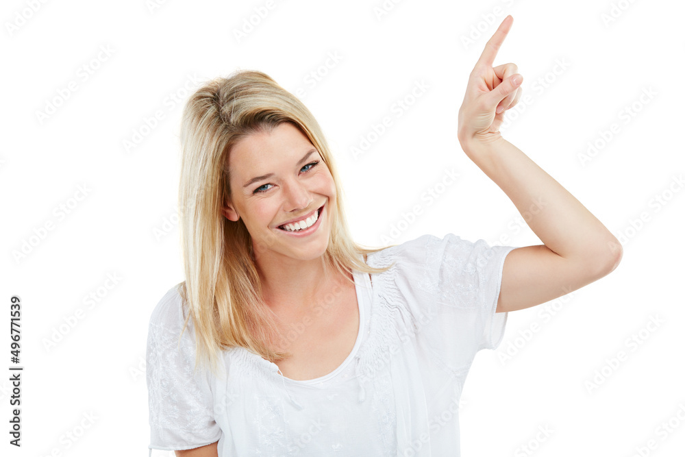 This has to make you as happy as I am. Studio portrait of an attractive young woman pointing at copyspace against a white background. This has to make you as happy as I am. Studio portrait of an attractive young woman pointing at copyspace against a white background.