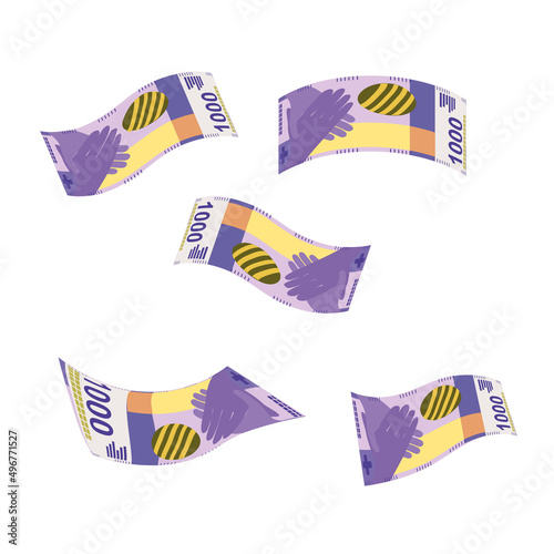 Swiss Franc Vector Illustration. Switzerland, Liechtenstein money set bundle banknotes. Falling, flying money 1000 fr. Flat style. Isolated on white background. Simple minimal design.