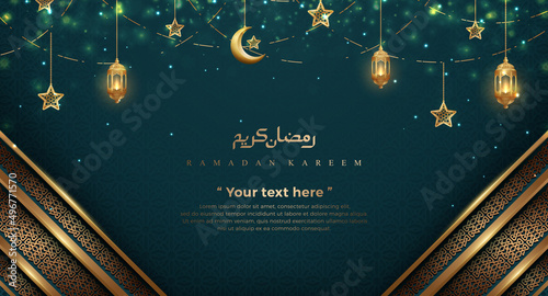 Luxurious Ramadan Kareem background with golden ornaments and hanging lantern and gold crescent mont