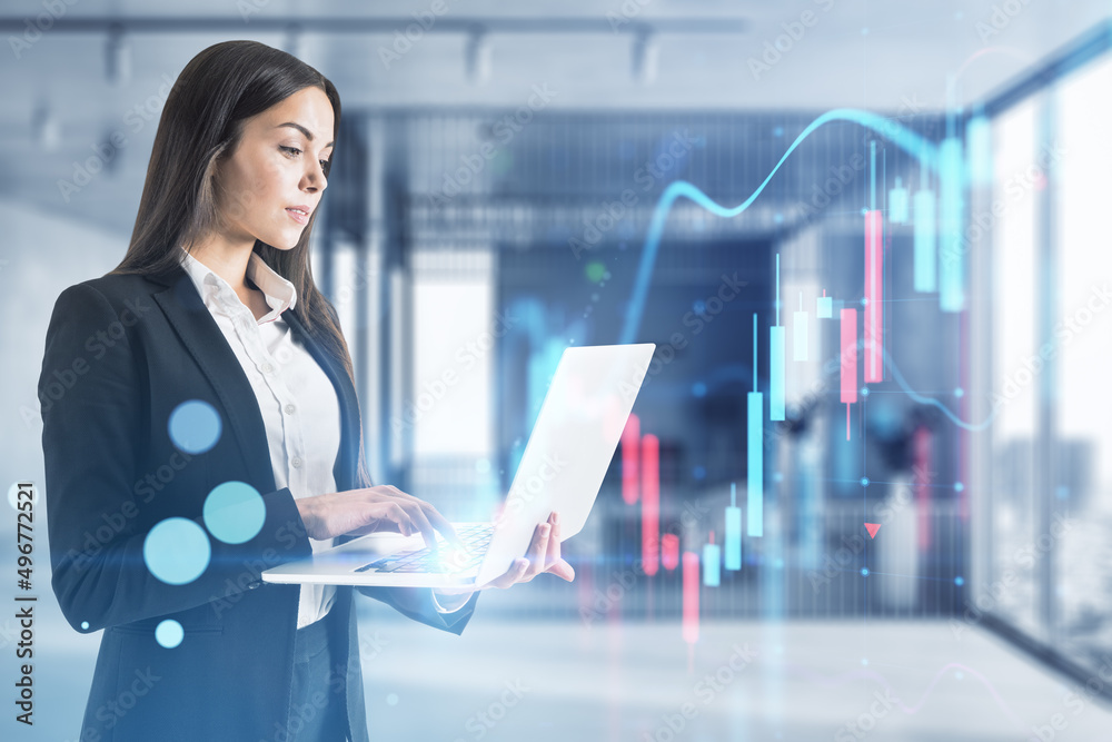 Attractive european businesswoman holding tablet with glowing business chart on blurry office interior background. Trade, finance, market and financial growth concept. Double exposure. Attractive european businesswoman holding tablet with glowing business chart on blurry office interior background. Trade, finance, market and financial growth concept. Double exposure.