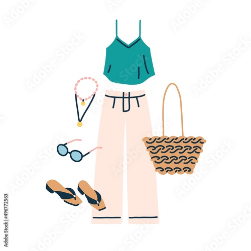 Summer fashion outfit. Casual women clothes set with pants, sunglasses, beach bag, top, necklace and shoes. Modern garments with accessories. Flat vector illustration isolated on white background