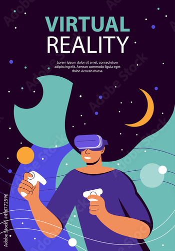 Metaverse Digital virtual reality simulation. Woman in VR headset and futuristic glasses in outer space among planets and stars. Break The Science Bias. Colorful flat vector illustration, poster