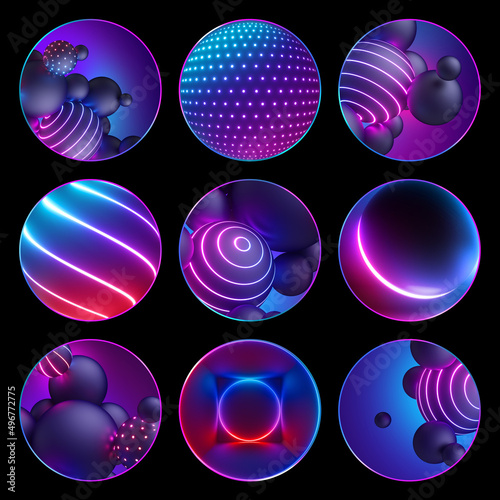 3d render, collection of assorted round stickers with neon balls. Circles isolated on black background