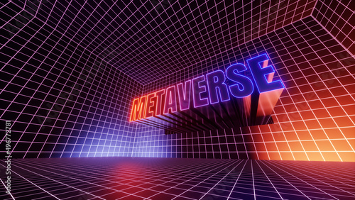 3d render, abstract geometric background, cyber space with grid and metaverse word glowing with red violet neon light. Empty room inside the virtual reality