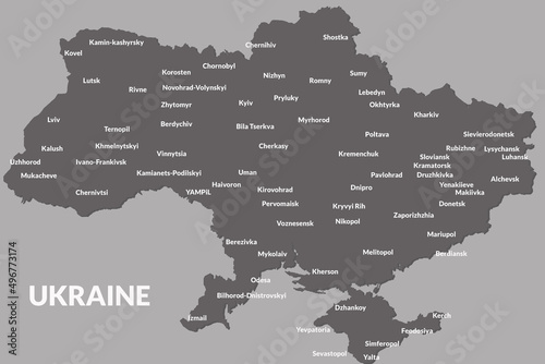 The map of Ukraine in grey color with names of the cities on light grey background. photo