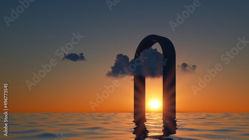 3d render, abstract minimal seascape with clouds flying through the round arch standing in the water. Background with golden sunset
