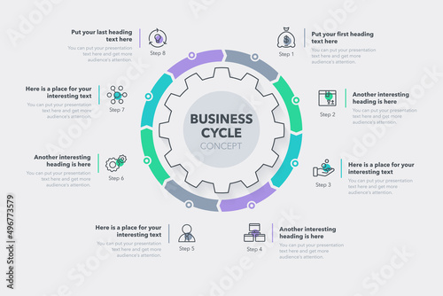 Business cycle template with eight colorful steps. Easy to use for your website or presentation.