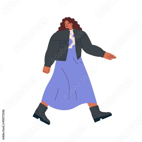 Modern woman wearing fashion casual outfit. Stylish female walking in long dress, ankle boots, jacket. Pretty person in street-style apparel. Flat vector illustration isolated on white background