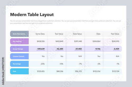 Modern table layout template with highlighted row. Flat design, easy to use for your website or presentation.