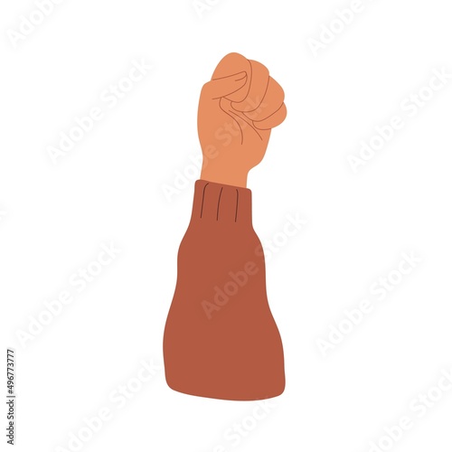 Clenched fist, arm raised up. Activist rising up strong hand for protesting a...