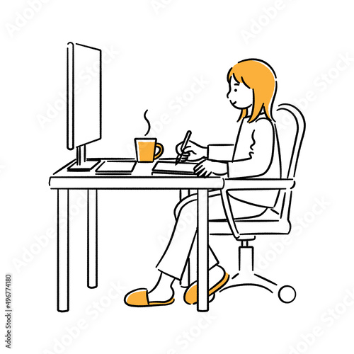 ペンタブで作業をする女性の全身イラスト
