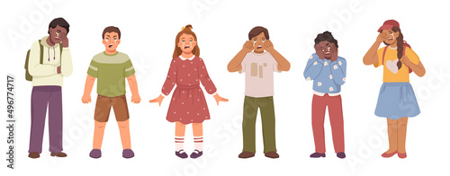 Boys and girls crying, expression of sadness and negative emotions. Vector flat cartoon characters with tears on cheeks and faces. Preschoolers and preteens, upset or offended personages