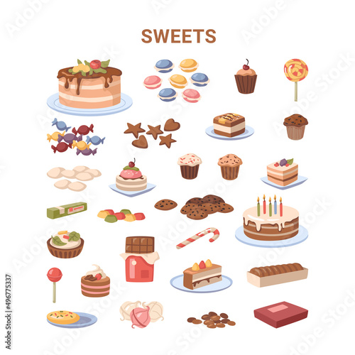 Dessert and sweets bakery food set, isolated confectionery products. Vector in flat style, Birthday cake with glazing, muffins and cupcakes, cookies and candy, lollipops, colorful macaroons, biscuits