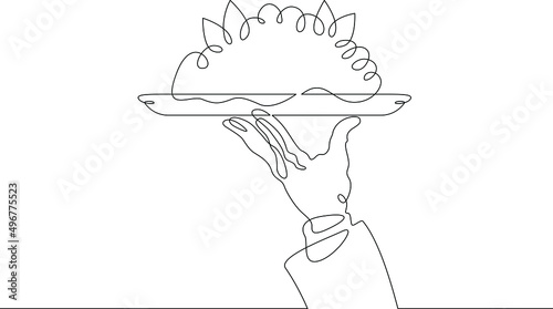 Portion of salad. Vegetable fruit salad.One continuous line drawing.The waiter carries food on a tray. Food in a restaurant. A hand holds a tray. Line Art isolated white background.