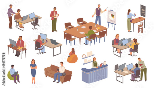People working in office, isolated female and male workers sitting by desks with computers and laptops. Vector set of of flat cartoon characters giving presentations and completing project tasks