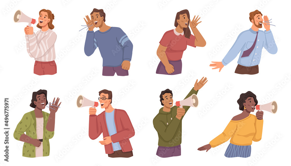 Man and woman with loudspeaker shouting and screaming. Vector flat cartoon characters attracting attention, marketing and announcement of news, search and promotion proposals from employees - obrazy, fototapety, plakaty 