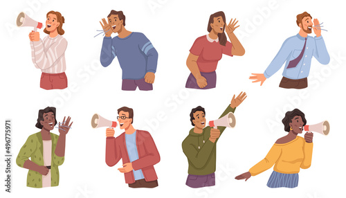 Man and woman with loudspeaker shouting and screaming. Vector flat cartoon characters attracting attention, marketing and announcement of news, search and promotion proposals from employees