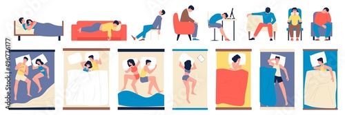 Different people sleeping. Sleep positions, person relaxed different poses in bed, sofa or chair. Office tired human, lying and sitting sleeps recent vector postures