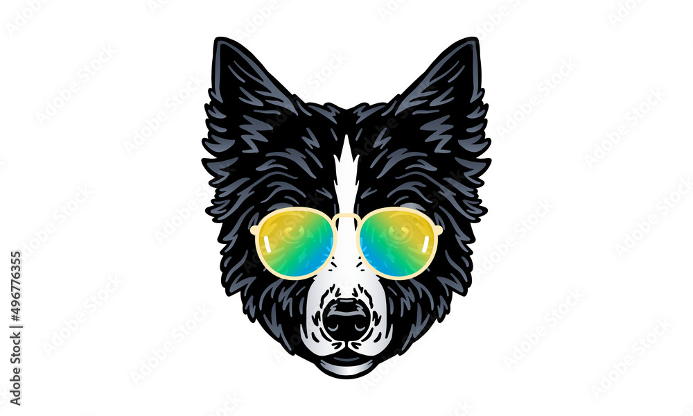 Border Collie dog logo pet portrait with sunglasses