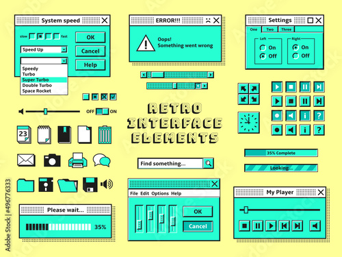 Old pc elements. 1990s technology, computer graphics interface console. Vintage internet bar style, retro 80s trendy geek web window tidy vector design