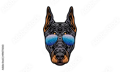 Doberman dog logo pet portrait with sunglasses