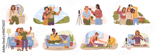 Male and female personages taking photos on smartphones set. Vector flat cartoon characters making selfies capturing life moments. Traveling and relaxing, family evening rest and friends night out