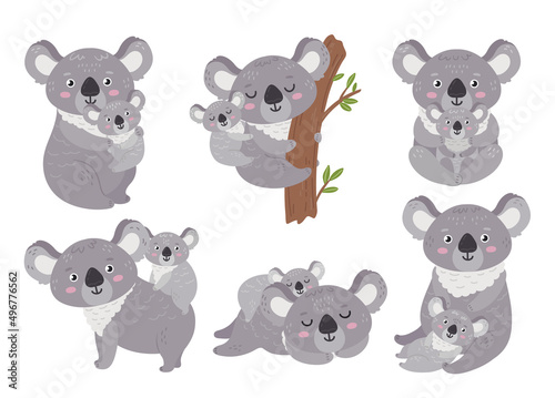 Koala and baby. Animal mother hugs babies clipart. Cartoon koalas mom and cutie wild children. Australia symbols, jungle bear neoteric vector characters