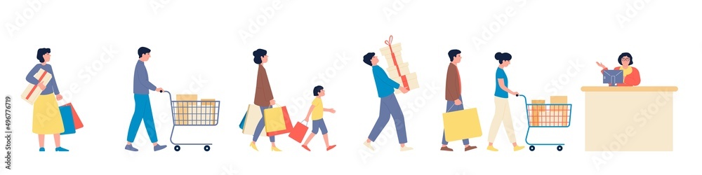 Store waiting line. People queue with purchases to cashier, persons in row. Grocery store characters, woman man wait to pay, flat cartoon recent vector scene Store waiting line. People queue with purchases to cashier, persons in row. Grocery store characters, woman man wait to pay, flat cartoon recent vector scene