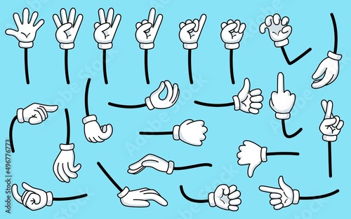 Cartoon counting hand. Count comic hands in white gloves and countdown fingers. Funny garish arm shows numbers and different gestures vector set