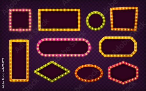 Light bulb frames. Makeup mirror with lamp frame, festival decoration. Marquee sign, festival, cinema broadway theater or circus exact vector retro banners