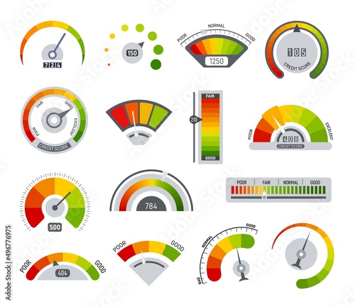 Credit indicators. Time and speed scores, speedometer indicator. Colorful scales, financial and credits measuring. Car gauge and power scale exact vector set