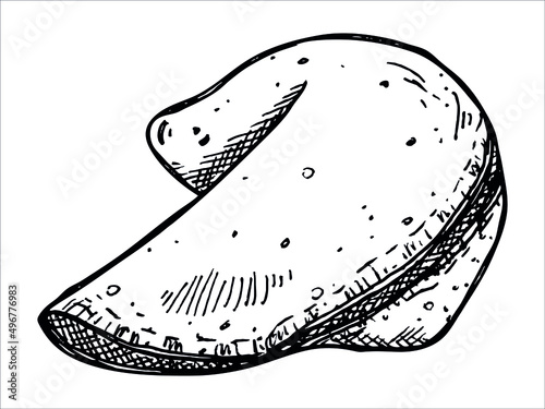 Vector hand drawn chinese fortune cookies isolated on white backgrounds. Food illustration. Crisp cookie with a blank piece of paper inside. For print, web, design, decor, logo.