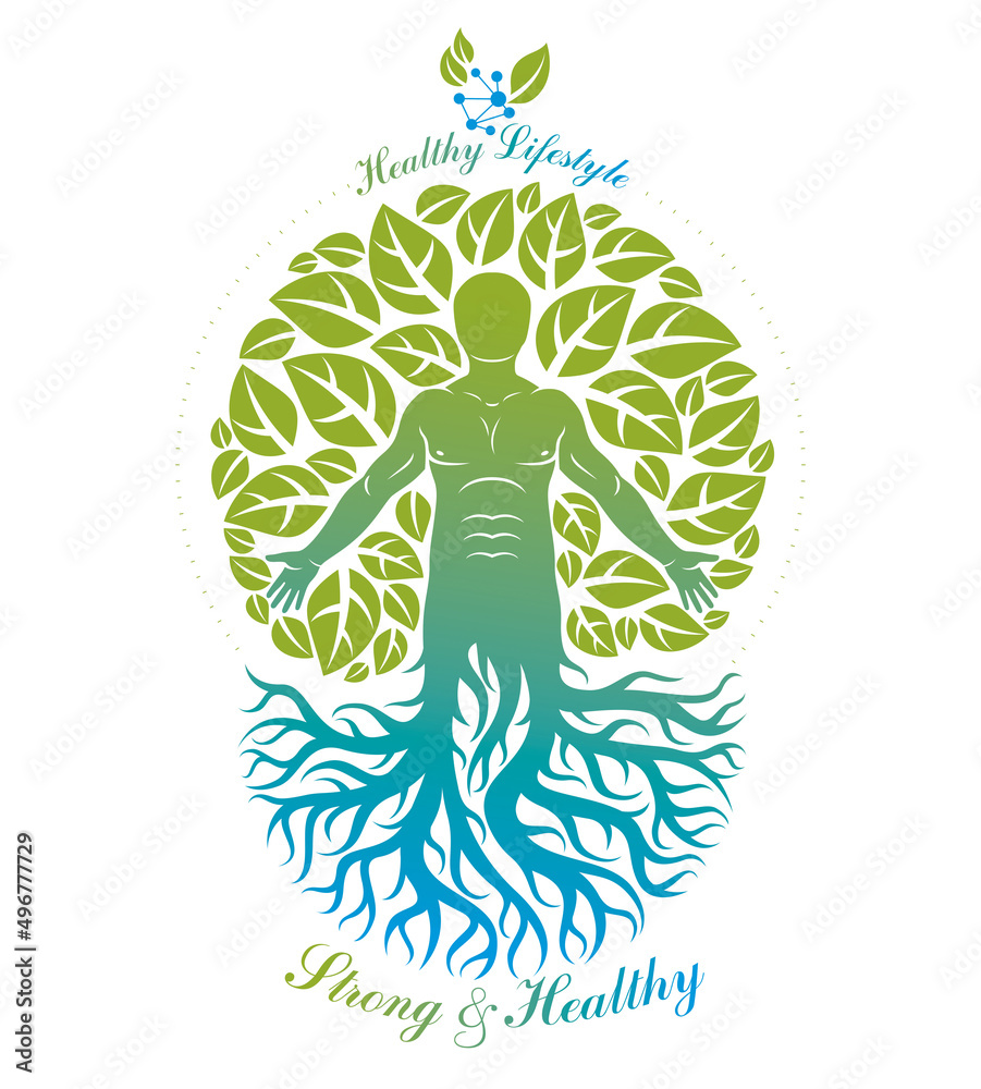 Vector illustration of individual, mystic character composed with tree roots and leaves. Vegetarian lifestyle concept. - obrazy, fototapety, plakaty 