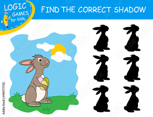 Find the correct shadow the Easter Rabbit with Eggs. Cute cartoon rabbit on colorful background. Educational matching game. Logic Games for Kids. Learnig card with fun character Hare. Task with answer