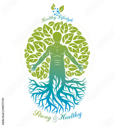Vector illustration of individual, mystic character composed with tree roots and leaves. Vegetarian lifestyle concept.