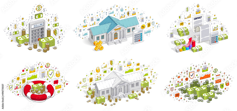 Business and finance concepts 3D vector illustrations set isolated on white background, money theme conceptual design collection, savings, bank, contract, income, safety, online. Business and finance concepts 3D vector illustrations set isolated on white background, money theme conceptual design collection, savings, bank, contract, income, safety, online.