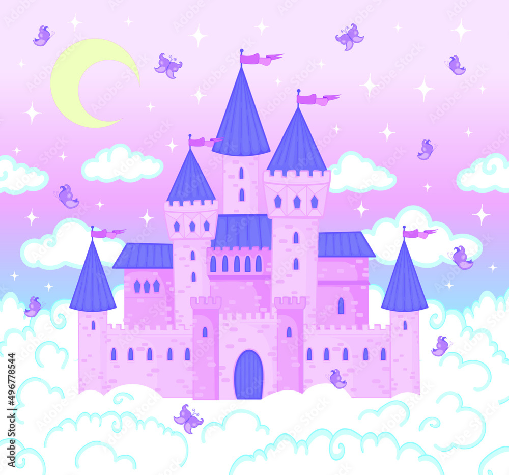 Fototapeta premium Magic castle. Cartoon castle in pink clouds. Magic land, fairy tale cloud and fabulous sky. Fairy castle for little princess. Fantastic tower, majestic kingdom building landscape vector illustration 