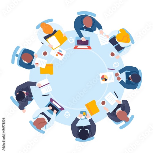 Business people sit at round table top view. Expert meeting. Conference room. Professional opinions. Businessmen exchange ideas. Employees teamwork. Group brainstorming. Vector concept