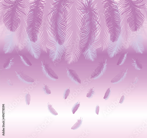 Feathers with a beautiful pink gradient background. Large feathers on top. Little feathers fall 
