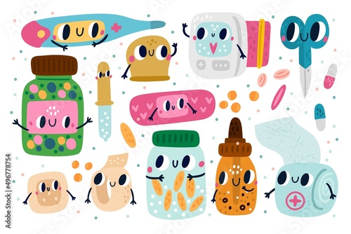 Cartoon pills bottles. Cute kids medicine characters with funny faces. Medical pipette and thermometer. Tablets jars. Band aid and bandage. Comic drugs. Vector pharmaceutical mascots set