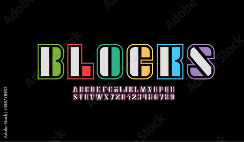 Abstract font, technology alphabet, heavy stencil letters and numbers, vector illustration 10eps