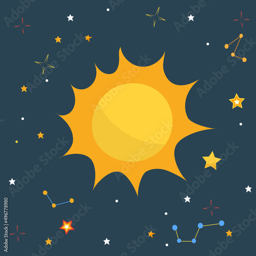 sun in flat design on starry sky background, vector