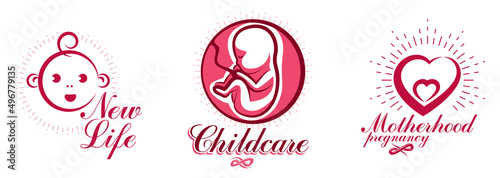 Pregnancy and motherhood theme vector illustrations set fetus drawings isolated on white background, new life baby shower beautiful baby.