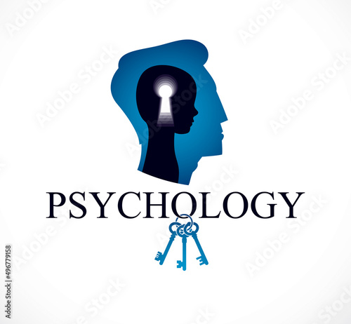 Psychology vector logo created with man head profile and little child boy inside with keyhole, inner child as a key to human individuality and psychic problems concept. Therapy and analysis concept.