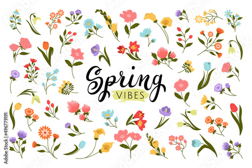 Big set of flat spring seasonal multicolor flowers. Cute doodle hand drawn colorful blooming flower isolated on white background for design.