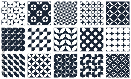 Abstract vector geometric seamless patterns set, black and white simple geometric elements repeat tiles, wallpapers or website backgrounds, design background in retro style.