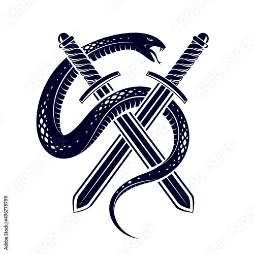 Snake and Dagger, Serpent wraps around a sword vector vintage tattoo, Life is a Fight concept, allegorical logo or emblem of ancient symbol.