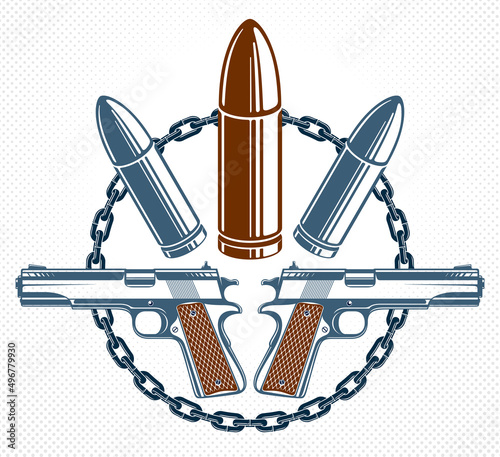 Bullets and guns vector emblem of Revolution and War, logo or tattoo, anarchy and chaos concept, criminal and gangster style, social tension theme.