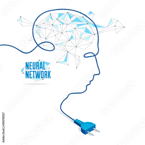 Neural network artificial intelligence vector concept with plug in a shape of man head silhouette and connected lines, technology and science theme.
