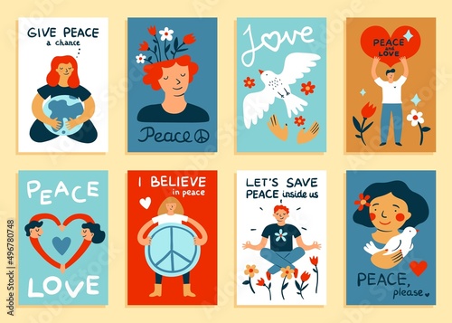 Peace cards. Cartoon people with love and hippie symbols. Peaceful men or women in balance. Flying bird, flowers and hearts. International pacifism holiday posters. Vector postcards set photo